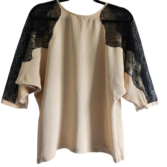 AKA New York Silk Peach/Pink Blouse with Black Lace Sleeves Size Small - Picture 2 of 9